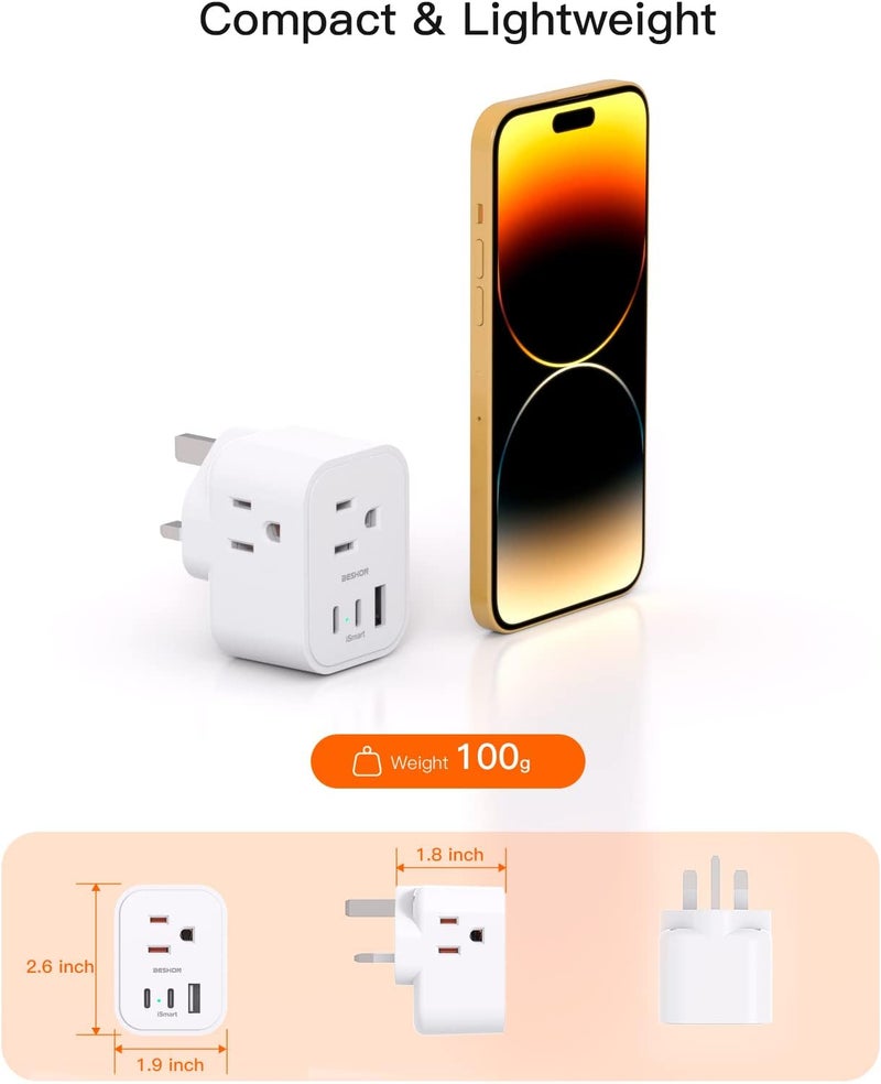 BESHON [2 Pack] US to UK Travel Plug Adapter, Type G Power Adapter with 3 AC and 3 USB(2 USB C), International Plug Adapter, Travel Essentials for USA to England London Scotland British Qatar Irish Hongkong - Image 4